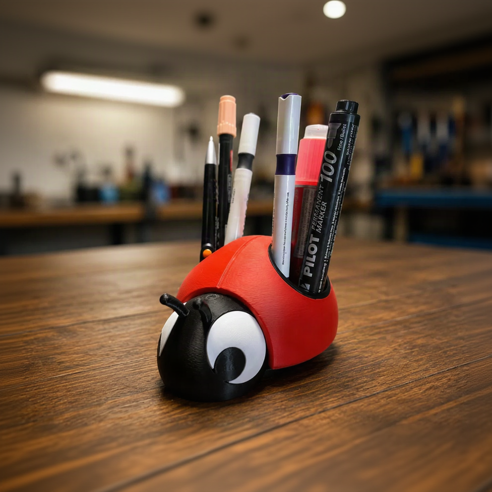 3D printed ladybug pen and stationery holder holding pens and markers